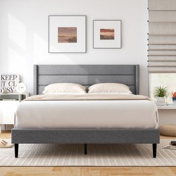 Linen Upholstered Platform Twin/Queen Bed Frame with Wingback Headboard