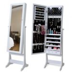 Lockable Freestanding Jewelry Cabinet Armoire with Full-Length Mirror and Lights