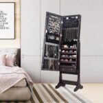 Lockable Mirrored Jewelry Cabinet with Stand and LED Lights
