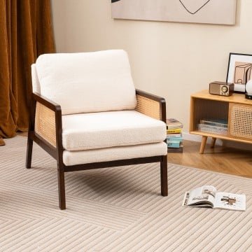 Mid Century Modern Accent Chair with Rattan Arms and Cushion