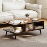 Mid Century Modern Rectangle Coffee Table 2-Tier Accent Table with 2 Open Compartments