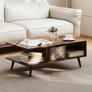 Mid Century Modern Rectangle Coffee Table 2-Tier Accent Table with 2 Open Compartments