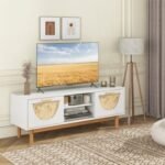 Mid Century Modern TV Stand Entertainment Center for 55-Inch TV with 2 Drawers and Bamboo Woven Fronts