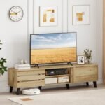 Mid Century Modern TV Stand for 80 Inch TVs with Sliding Door Cabinets and Storage Shelves