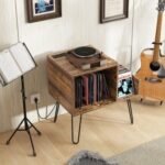 Mid-century Record Player Stand with Power Outlet and Vinyl Divider