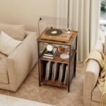 Mobile Record Player Stand with Power Outlet with Open Shelf and Dividers