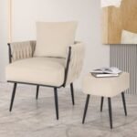 Modern Dutch Velvet Accent Chair and Ottoman Set with Weaved Back and Arms