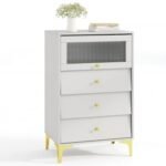 Modern Storage Cabinet with Flip Up Fluted Glass Door and Pull-out Drawers