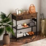 Narrow Console Table with 2 Drawers and 2 Metal Mesh Shelves