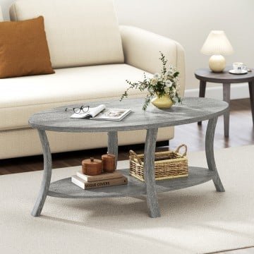 Oval Coffee Table 2-Tier Center Table with Storage Shelf