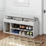 Padded Seat Shoe Bench with Hidden Storage and 3 Open Shelves