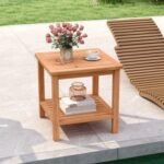 Patio Acacia Wood Side Table with Slatted Tabletop and Storage Shelf