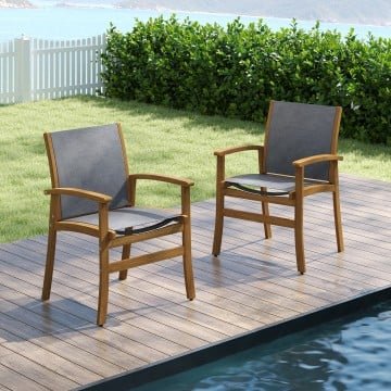 Patio Chairs Set of 2 Acacia Wood Armchairs with Breathable Fabric Back and Seat