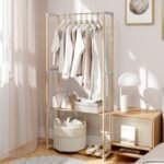 Pine Wood Clothes Rack with 2-Tier Open Storage Shelf for Hanging Clothes