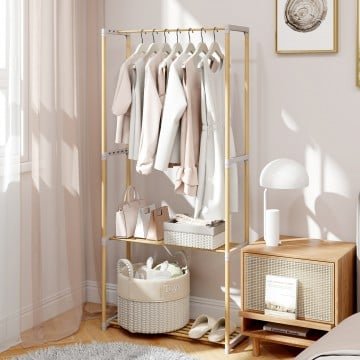 Pine Wood Clothes Rack with 2-Tier Open Storage Shelf for Hanging Clothes