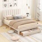Queen Size Bed Frame with Storage Drawer and Vertical Channel Headboard