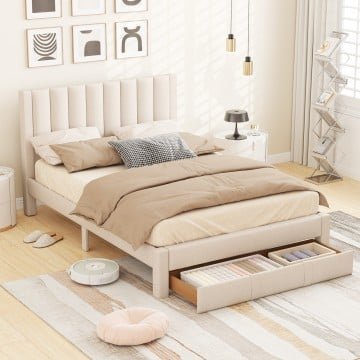 Queen Size Bed Frame with Storage Drawer and Vertical Channel Headboard
