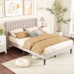 Queen Size Dutch Velvet/Linen Fabric Upholstered Platform Bed with Wingback Headboard and Wooden Slat Support