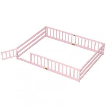 Queen Size Floor Bed Kids Montessori Bed Frame with Full Length Safety Guardrails