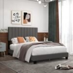 Queen Size Upholstered Bed Frame with Linen Fabric Headboard Gray