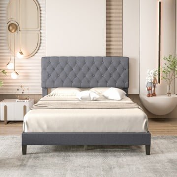 Queen Size Upholstered Platform Bed with Button Tufted Headboard-Queen & Gray