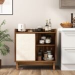 Rattan Buffet Sideboard Mid Century Floor Storage Cabinet with Sliding Door and Adjustable Shelves