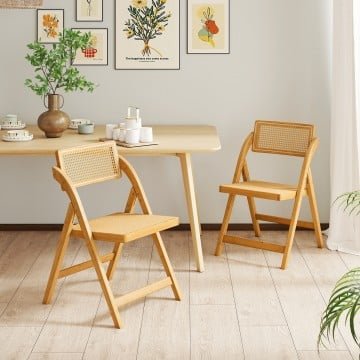 Rattan Cane Folding Dining Chairs Set of 2 with Rotatable Backrests