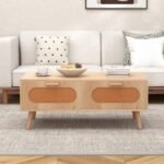Rattan Coffee Table Mid Century Modern Center Table with 2 Storage Drawers