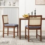 Rattan Dining Chair Set of 2 with Rubber Wood Frame and Linen Fabric Padded Seat