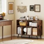 Record Player Stand with Charging Station and Open Shelves