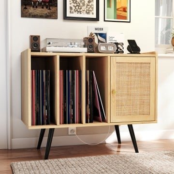 Record Player Stand with Charging Station and Rattan Cabinet for Living Room Record Player Stand with Charging Station and Rattan Cabinet for Living Room