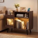 Record Player Stand with LED Light and Power Outlets Large Turntable Stand with Sliding Door