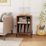 Record Player Stand with Record Storage Shelf and Charging Station