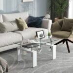 Rectangular Tempered Glass Coffee Table End Side Table with Shelf