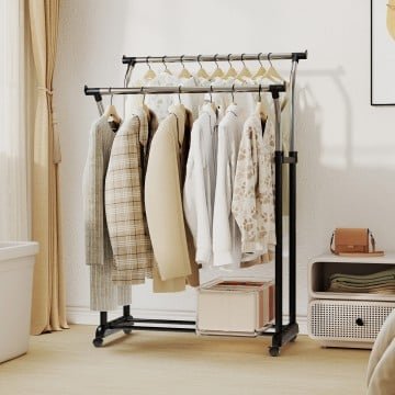 Rolling Clothes Rack Double Rod Garment Rack with Adjustable Height