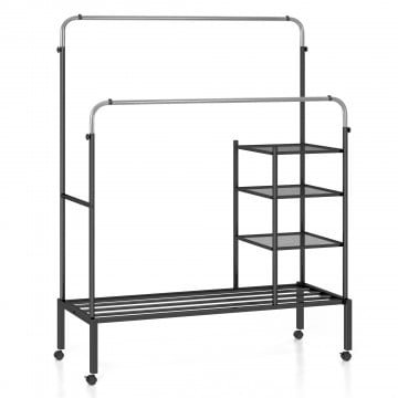 Rolling Double Rods Garment Rack with Height Adjustable Hanging Bars