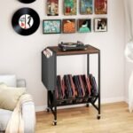 Rolling Record Player Stand 2-Tier with Vinyl Storage and Magazine Holder Bag