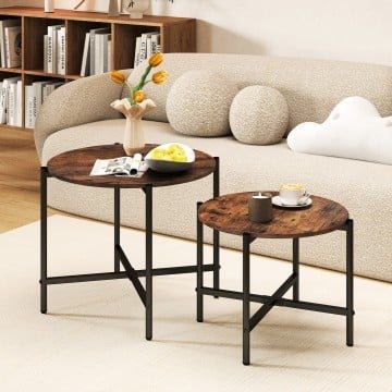 Round Coffee Table Set of 2 with Heavy-Duty Metal Frame