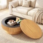 Round Coffee Table with Storage Modern Wooden Drum Coffee Table with Hidden Compartment