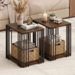 Rubber Wood Side Table Set of 2 with 2-Layer Storage Shelves and Metal Frame