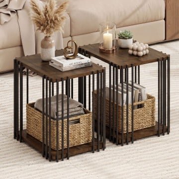 Rubber Wood Side Table Set of 2 with 2-Layer Storage Shelves and Metal Frame Rubber Wood Side Table Set of 2 with 2-Layer Storage Shelves and Metal Frame
