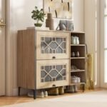 Rustic Shoe Cabinet with Flip-up See-through Doors and Adjustable Shelves