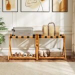 Set of 2 Folding Luggage Racks with 5 Nylon Straps and Slatted Storage Shelf