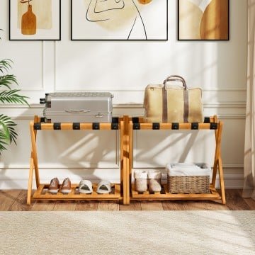 Set of 2 Folding Luggage Racks with 5 Nylon Straps and Slatted Storage Shelf Set of 2 Folding Luggage Racks with 5 Nylon Straps and Slatted Storage Shelf