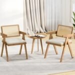 Set of 2 Rattan Accent Chairs with Padded Cushion and Rubber Wood Frame