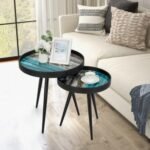Set of 2 Stylish Nesting End Tables with Wooden Tray Top and Steel Legs