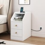 Side End Table with Charging Station Sofa Couch Table with Shelf Drawers