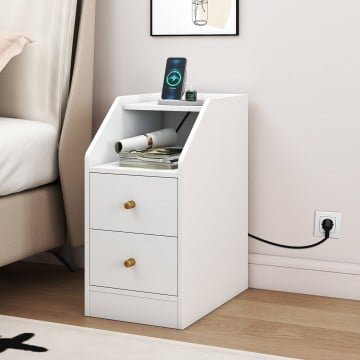 Side End Table with Charging Station Sofa Couch Table with Shelf Drawers