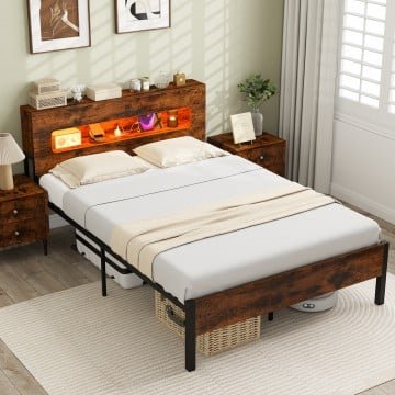 Slatted Full Bed Frame with LED Lights and Storage Headboard No Box Spring Needed