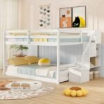 Solid Wood Full Over Full Low Bunk Bed with Storage Stairs